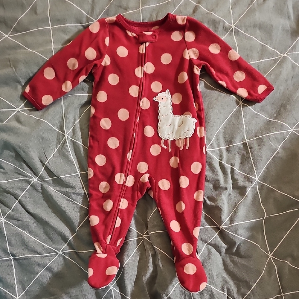 Carter's Fleece PJs 6-9M Dark and Light Pink Polka Dot Footie with Llama
